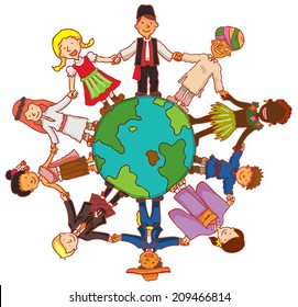 Friendship beyond frontier with people and children from culture race and costume all over the world hold hands together in a circle around the earth. It's a peace concept, create by cartoon vector