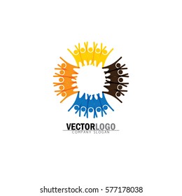 friendship and bonding vector logo icon in circle. trendy flat style graphic isolated on white background. buddies symbol, group of friends excited, jumping in joy, having fun