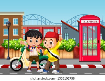 Friendship boys at the road illustration