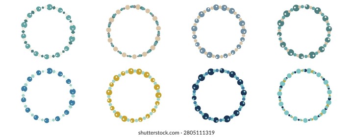 Friendship bracelet jewelry set. Vector round plastic beads and charms in pastel blue and green, symbolizing cute boho DIY accessory, harmony, and creative girl fashion.