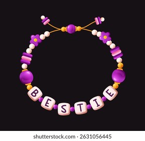 Friendship bracelet made of purple, pink, and yellow beads spelling BESTIE, cartoon style on a black background. Concept of friendship and bonding. Vector illustration