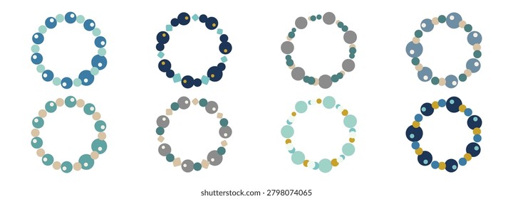 Friendship bracelet vector illustration. Vector set of round plastic bead jewelry with pastel blue and yellow charms, symbolizing cute DIY handmade accessory, harmony, and bff gift.