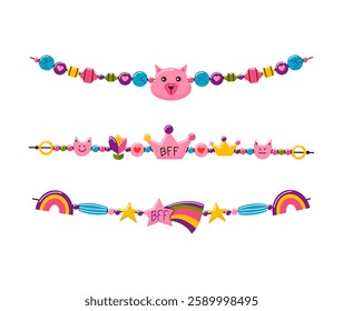 Friendship bracelet vector set. Handmade jewelry. Doodle illustration.