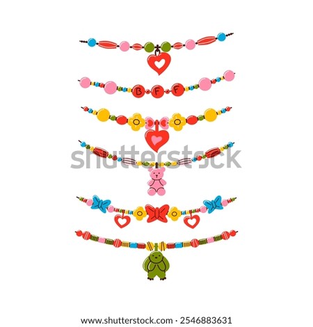 Friendship bracelet vector set. Handmade jewelry. Doodle illustration.