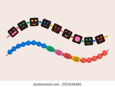 Friendship bracelet vector set. Necklace made of beads. Handmade jewelry. Doodle illustration.