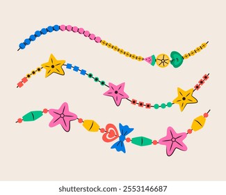 Friendship bracelet vector set. Necklace made of beads. Handmade jewelry. Doodle illustration.