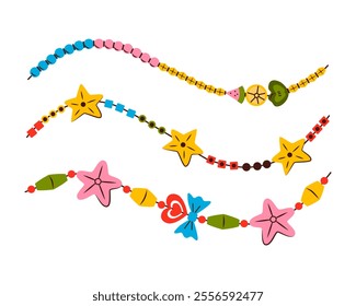 Friendship bracelet vector set. Necklace made of beads. Handmade jewelry. Doodle illustration.