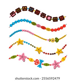 Friendship bracelet vector set. Necklace made of beads. Handmade jewelry. Doodle illustration.