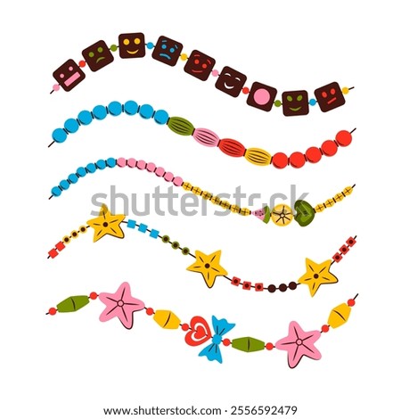Friendship bracelet vector set. Necklace made of beads. Handmade jewelry. Doodle illustration.