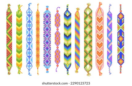 Friendship bracelets. Diy hippy bracelet, craft jewelry wristband of brotherhood amity, thread pattern design, children band neat vector illustration of bracelet craft handmade, friendship fashion