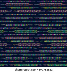Friendship bracelets pattern. Doodle chevron ornaments. Friends accessories background. Fashion sketch. Boho jewelry. Hippie style. Rainbow hand made variety of hand bracelets.
