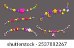 Friendship bracelets set isolated on black background. Vector cartoon illustration of colorful jewelry with beads, heart, star, watermelon, flower, unicorn charms, handmade accessory, teen fashion