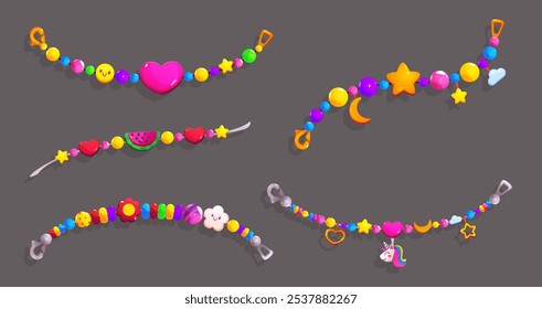 Friendship bracelets set isolated on black background. Vector cartoon illustration of colorful jewelry with beads, heart, star, watermelon, flower, unicorn charms, handmade accessory, teen fashion