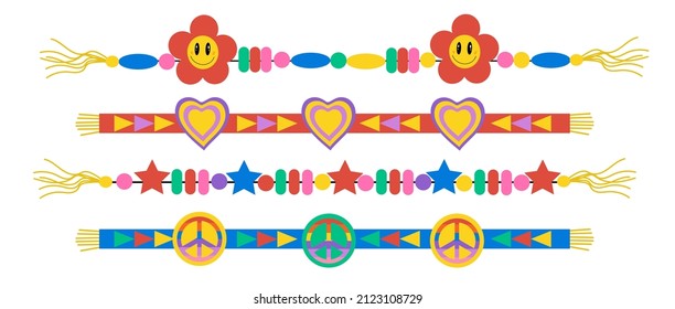 Friendship bracelets set. Retro hippie DIY beaded bracelets with peace icon and heart, flower power. Vector illustration clip-art