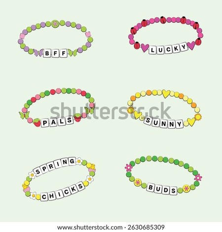 Friendship bracelets spring themed illustration design set. 