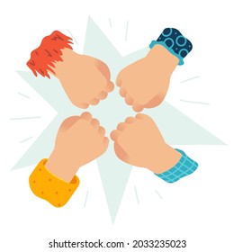 Friendship and brotherhood concept. People knock fist, unity arm gesture, friends together, joint decision, group cooperation, partner agreement, vector modern cartoon isolated illustration