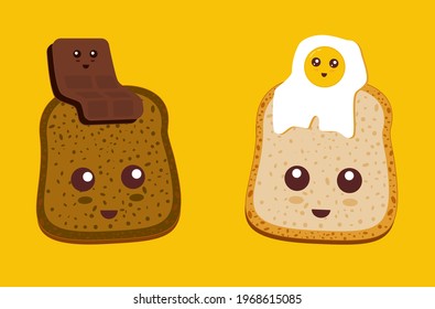 Friendship Of Brown Bread And Egg Bread. Cute Mascot Character. Kawaii Bread Vector Illustration Isolated On Yellow Background. Funny Breakfast Story.