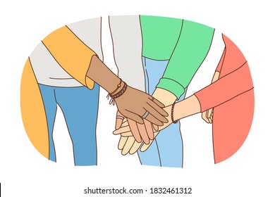 Friendship, Business, Teamwork, Leadership, Partnership Concept. Group Of Businesspeople Friends Team Crossing Hands In Pile For Win. Cooperation Initiative Successful Goal Achievement Illustration.