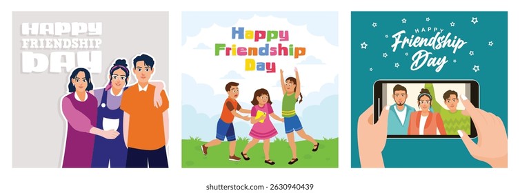 Friendship and camaraderie for Friendship Day. Three cheerful children celebrating Friendship Day together in a outdoors. Three friends posing for a group photo. Set flat vector illustration 