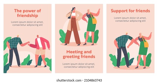 Friendship Cartoon Banners. Friends or Business Colleagues Men and Women Beat Fists and Elbows. Characters Agree, Greeting Each Other, Rejoice for Meeting, Goal Achievement. People Vector Posters