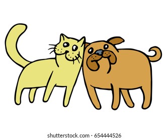 Friendship of a cat and a dog. Cartoon picture fur animals. Kind emotions. Holidays couples. Together forever. Best friends. Vector illustration.