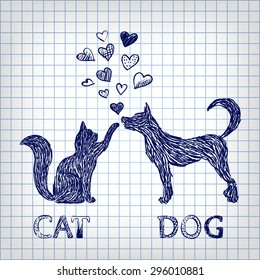 the friendship of a cat and dog, painted in blue ink on a  checkered sheet in notebook