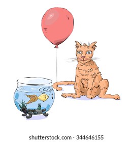 friendship cat and fish, cat with a balloon
