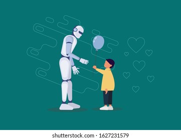 Friendship of a child and a robot. Little boy gives a balloon to a robot. Android, cyborg, humanoid robot, friendship concept, flat cartoon vector illustration. Human boy and robot walking together as