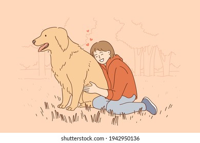 Friendship, children and pets concept. Young smiling girl sitting and embracing pet Labrador during summer walk outdoors on grass in park feeling love vector illustration 