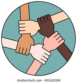 Friendship Circle on Blue Background. Five Hands Holding Each Other as an Interracial Solidarity