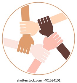 Friendship Circle on White Background. Five Hands Holding Each Other as an Interracial Solidarity