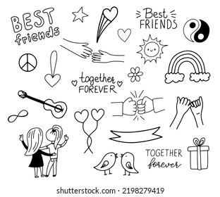 Friendship clipart set  Doodle collection and quotes  friends girls  party decoration  Hand drawn outline icons