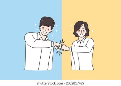 Friendship, collaboration and and mutual support concept. Young smiling colleagues man and woman standing and bumping fists from both sides blue and yellow vector illustration 