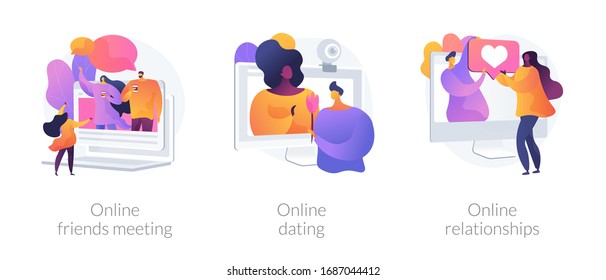 Friendship and communication during covid-2019 self-isolation icons set. Online friends meeting, online dating and relationship, self-isolation metaphor. Vector isolated concept metaphor illustrations