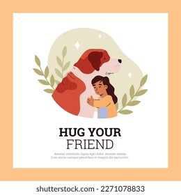 Friendship and communication with pets banner with child embracing dog. Poster or card for Animal-assisted therapy or pets shelter, flat cartoon vector illustration.