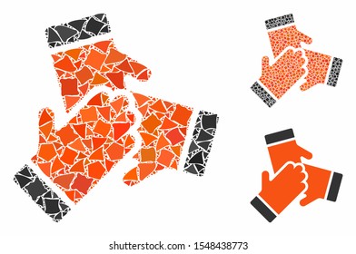 Friendship composition of uneven parts in variable sizes and color tints, based on friendship icon. Vector uneven parts are organized into collage. Friendship icons collage with dotted pattern.