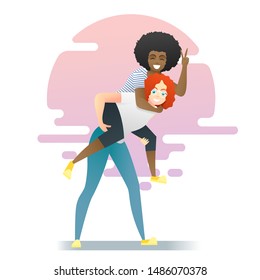 Friendship concept background with two young women having fun together , vector , illustration