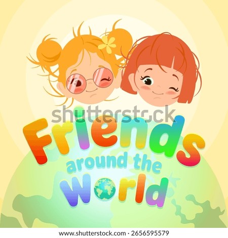 Friendship concept banner. Smiling red-haired girlfriends with tousled hair. Head of a child, teenage girl. Lettering. Flat vector illustration, hand drawn.