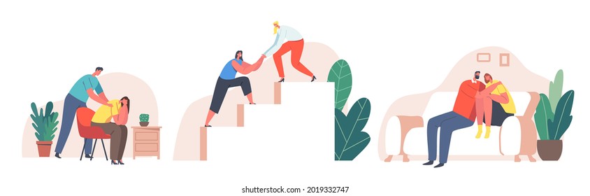 Friendship Concept. Characters Giving Comfort and Support to Friends, Keeping Palms on Shoulder, Help to Climb Upstairs, Hugging. People Feel Stress, Anxiety, Loneliness. Cartoon Vector Illustration