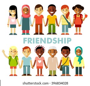 Friendship concept with different multicultural happy children in flat style. Multicultural kids group standing in row together, isolated on white background