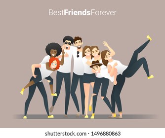 Friendship concept with group of young friends having fun and standing together , vector , illustration