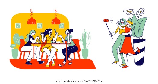 Friendship Concept. Happy Girl Friends Having Fun Sitting in Cafe Chatting, Drinking Coffee and Making Selfie on Smartphone. Girlfriends Spend Time Together. Cartoon Flat Vector Illustration, Line Art