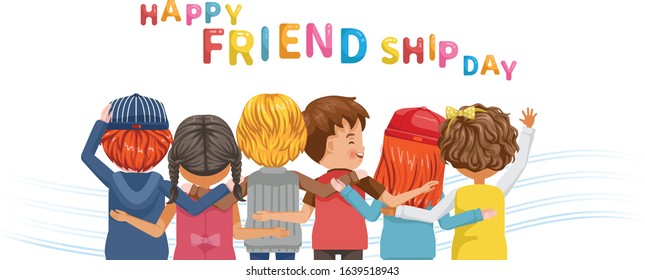 Friendship concept. Happy kids greeting card. Friend group of people hugging together rear view. Different nationalities are different. Variety of children. Boys and girls students. 