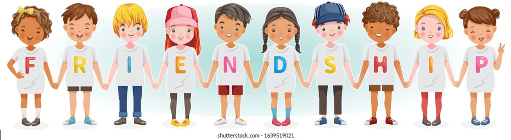 Friendship concept. Happy kids holding hands. Boys and girls group. Different nationalities are different. Variety of children. Female and male. Picture of students. 