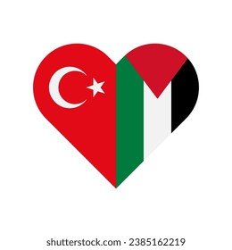 friendship concept. heart shape icon of turkey and palestine flags. vector illustration isolated on white background