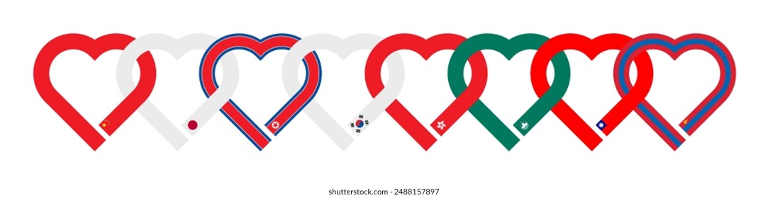 friendship concept. heart shaped ribbon icons of china, japan, north korea, south korea, hong kong, macau, taiwan and mongolia flags. vector illustration isolated on white background