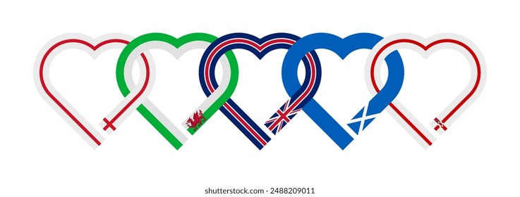 friendship concept. heart shaped ribbon icons of england, wales, united kingdom, scotland and northern ireland flags. vector illustration isolated on white background