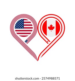 friendship concept. heart symbol icon of united states and canada flags. vector illustration isolated on white background