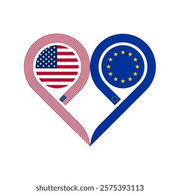 friendship concept. heart symbol icon of united states and european union flags. vector illustration isolated on white background