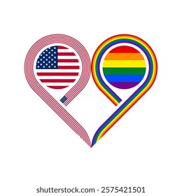 friendship concept. heart symbol icon of united states and rainbow flags. vector illustration isolated on white background